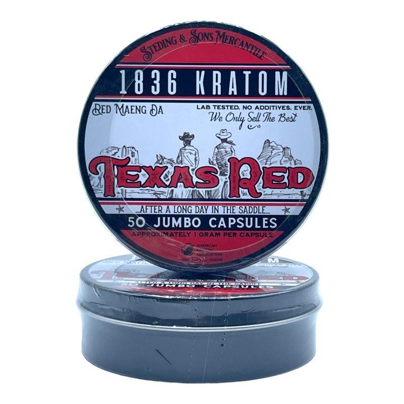 1836 Kratom 150ct Jumbo Caps Tin Texas Red